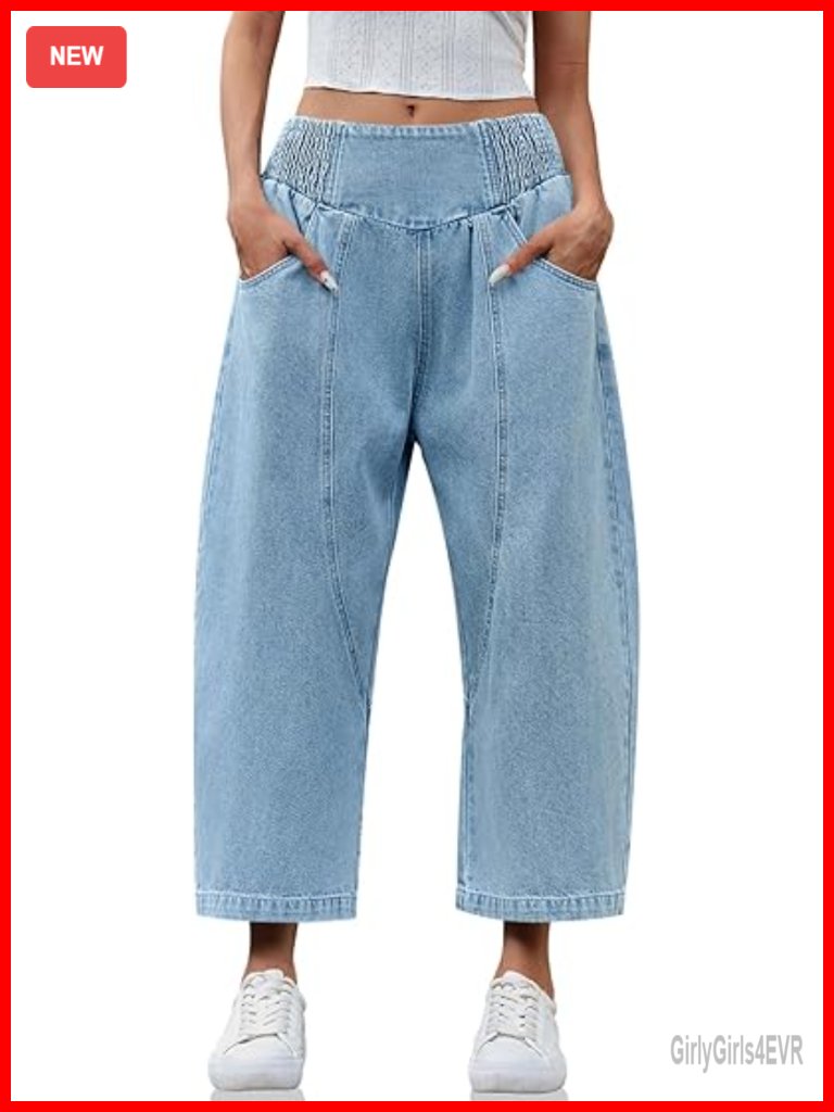 Wide Leg Cropped Jeans Baggy Boyfriend Smocked Mid Rise Harem Denim Pants